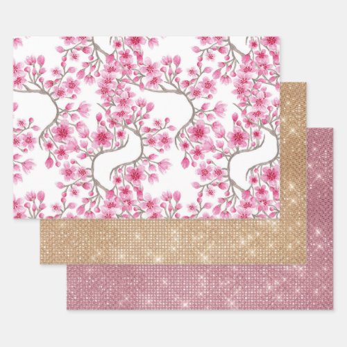 Elegant Pink Cherry Blossom Floral Watercolor Wrapping Paper Sheets