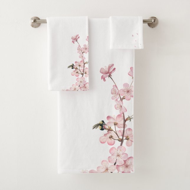 Elegant Pink Cherry Blossom Flower Branch Bath Towel Set (Insitu)