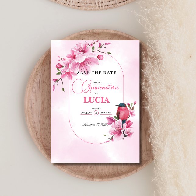 Elegant Pink Cherry Blossom Geometric Quinceañera Save The Date (Creator Uploaded)