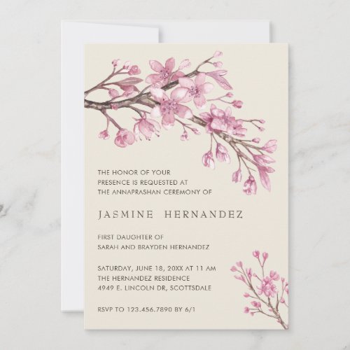 Elegant Pink Cherry Blossom Girl Annaprashan Invitation