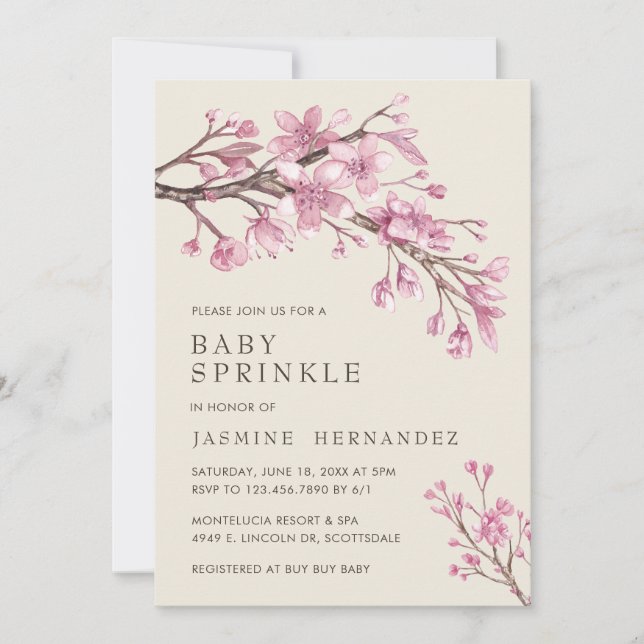 Elegant Pink Cherry Blossom Girl Baby Sprinkle Invitation (Front)