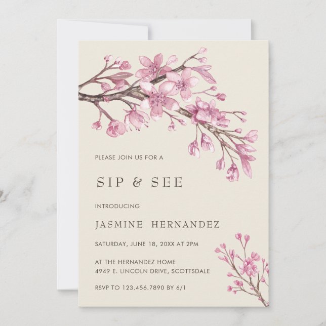Elegant Pink Cherry Blossom Girl Sip and See Invitation (Front)