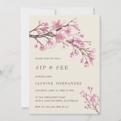 Elegant Pink Cherry Blossom Girl Sip and See Invitation