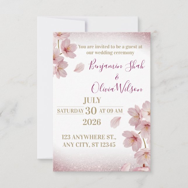 Elegant Pink Cherry Blossom Glitter Wedding Invitation (Front)