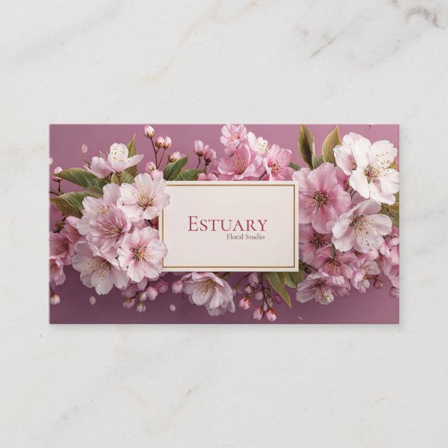 Elegant Pink Cherry Blossom Gold Frame Mauve Business Card (Front)