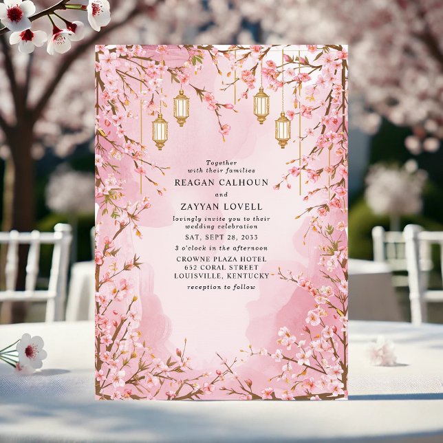 Elegant Pink Cherry Blossom Lantern Wedding Invitation (Creator Uploaded)