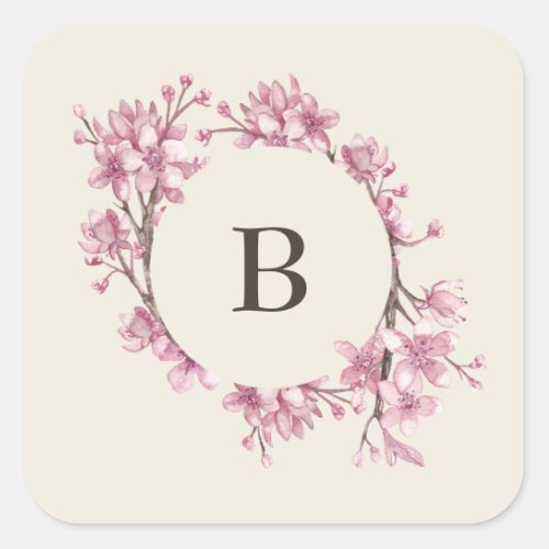 Elegant Pink Cherry Blossom Monogram Wedding Square Sticker