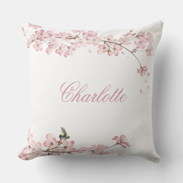 Elegant Pink Cherry Blossom Name Template  Outdoor Pillow (Front)