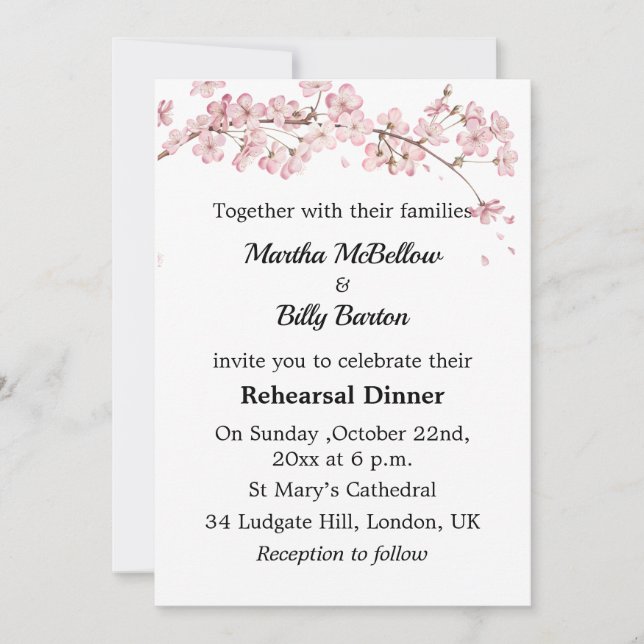 Elegant Pink Cherry Blossom Rehearsal Dinner Invitation (Front)