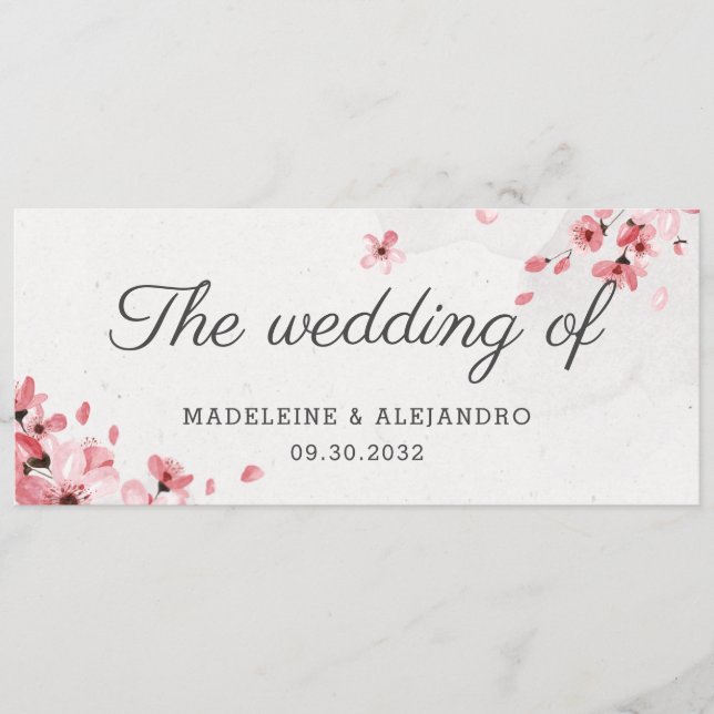Elegant pink cherry blossom the wedding of menu (Front)