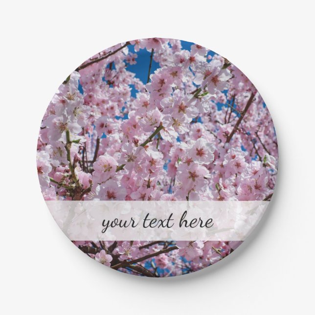 elegant pink cherry blossom tree photograph paper plates (Front)