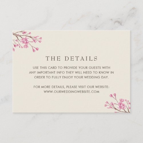Elegant Pink Cherry Blossom Wedding Details Enclosure Card
