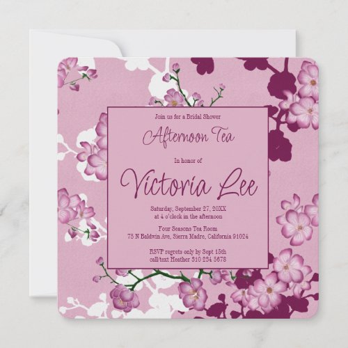 Elegant Pink Cherry Blossoms Afternoon Tea Square Invitation
