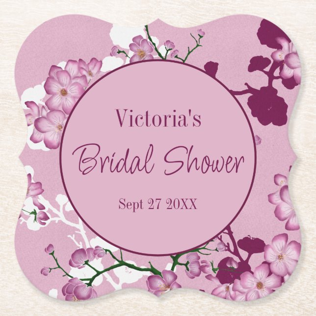 Elegant Pink Cherry Blossoms Bridal Shower Paper Coaster (Front)