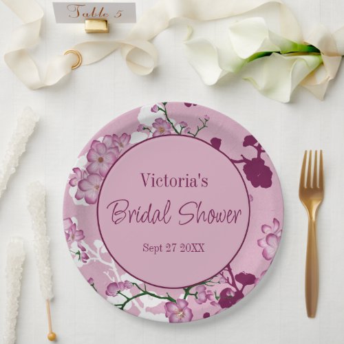 Elegant Pink Cherry Blossoms Bridal Shower Paper Plates