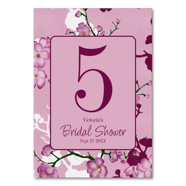Elegant Pink Cherry Blossoms Bridal Shower Table Number (Front)