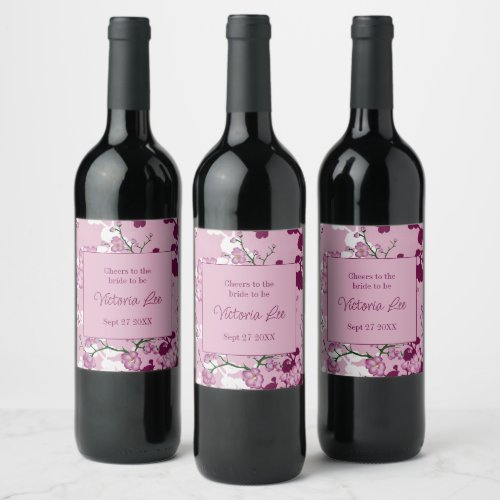 Elegant Pink Cherry Blossoms Bridal Shower Wine Label