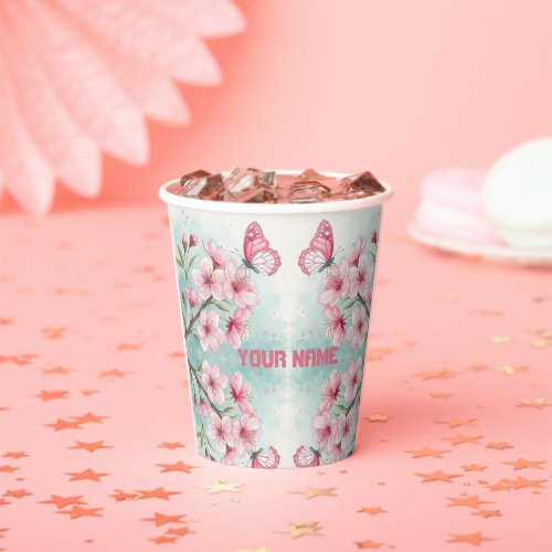 Elegant Pink Cherry Blossoms Floral & Butterfly Paper Cups