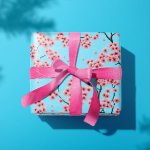 Elegant Pink Cherry Blossoms on Sky Blue Wrapping Paper