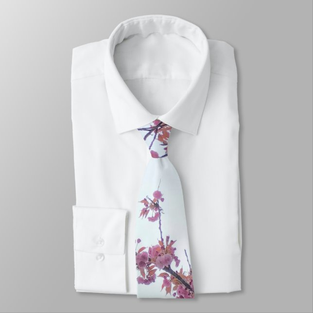 Elegant Pink Cherry Blossoms Spring Hanami Blue Neck Tie (Tied)