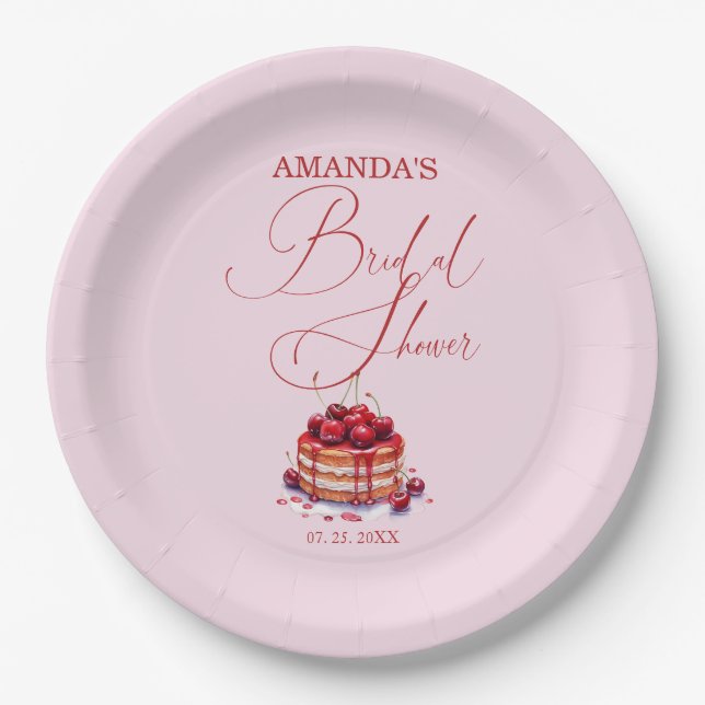 Elegant Pink Cherry on Top Bridal Shower  Paper Plates (Front)