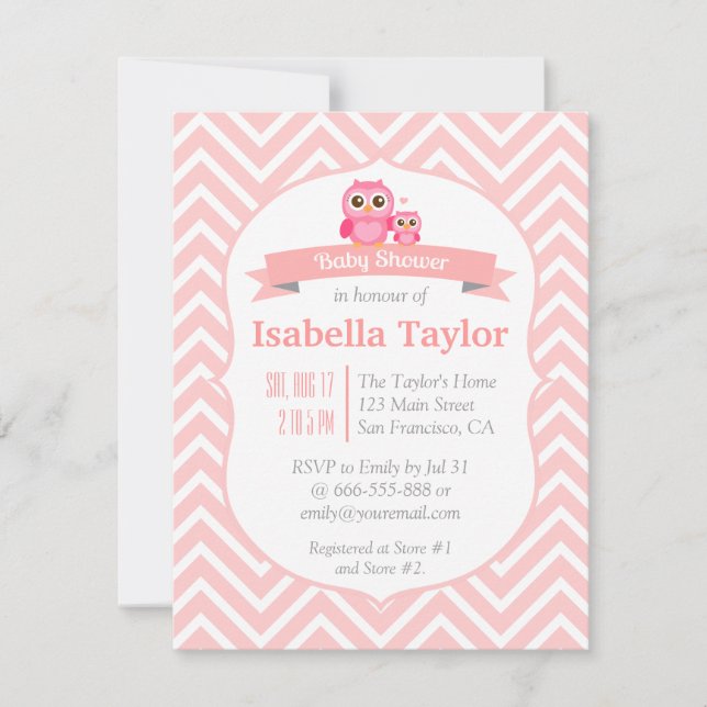 Elegant Pink Chevron Owl Baby Girl Shower Party Invitation (Front)