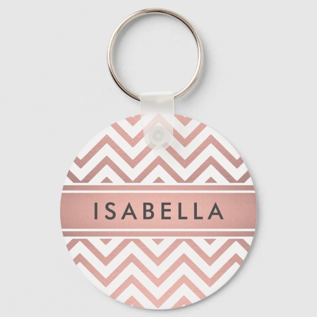 Elegant Pink Chevron Pattern Girly Faux Rose Gold Keychain (Front)