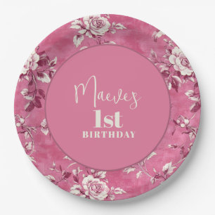 Elegant Pink Chinoiserie 1st Birthday Party Paper Plates