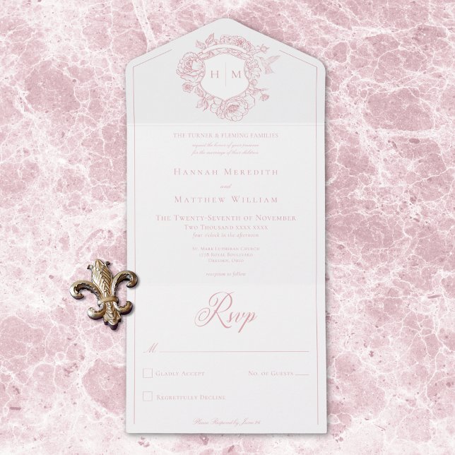 Elegant Pink Chinoiserie Bird Crest Wedding All In One Invitation (Elegant Pink Chinoiserie Bird Crest Wedding QR All All In One Invitation)