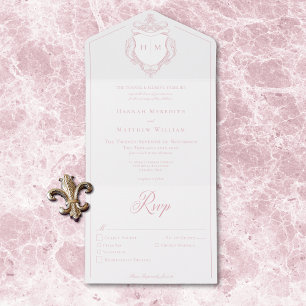 Elegant Pink Chinoiserie Bird Crest Wedding Dinner All In One Invitation