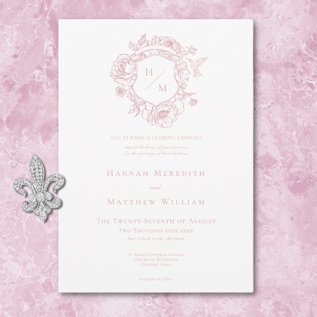 Elegant Pink Chinoiserie Bird & Crest Wedding Invitation (Elegant Pink Chinoiserie Bird & Crest Wedding Invitation)