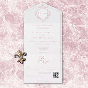Elegant Pink Chinoiserie Bird Crest Wedding QR All In One Invitation