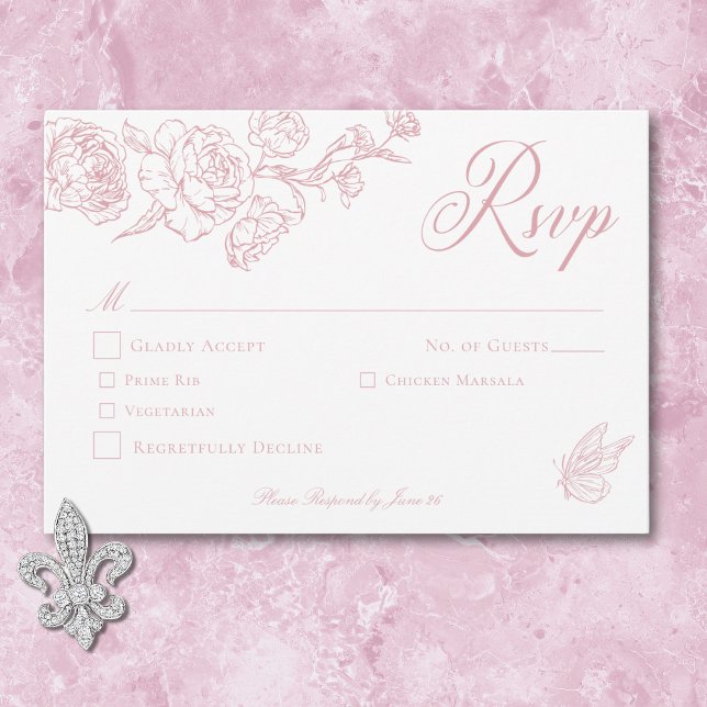 Elegant Pink Chinoiserie Bird & Crest Wedding RSVP Card (Elegant Pink Chinoiserie Bird & Crest Wedding RSVP Card)
