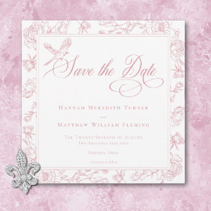 Elegant Pink Chinoiserie Bird & Crest Wedding Save The Date