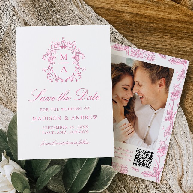 Elegant Pink Chinoiserie Floral QR Code Wedding Save The Date (Creator Uploaded)