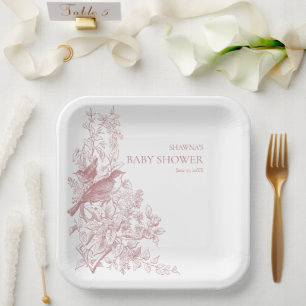 Elegant Pink Chinoiserie Nature Birds Baby Shower Paper Plates