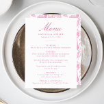 Elegant Pink Chinoiserie Victorian Floral Wedding Menu<br><div class="desc">Elevate your wedding reception with our Elegant Pink Chinoiserie Floral wedding menu. Designed with graceful pink calligraphy on a clean white background, this menu is fully customizable with your names, wedding date, and menu details. The reverse side features a gorgeous pink and white Chinoiserie floral pattern, adding a touch of...</div>