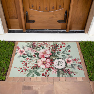 Elegant Pink Christmas Floral Monogram Door Mat