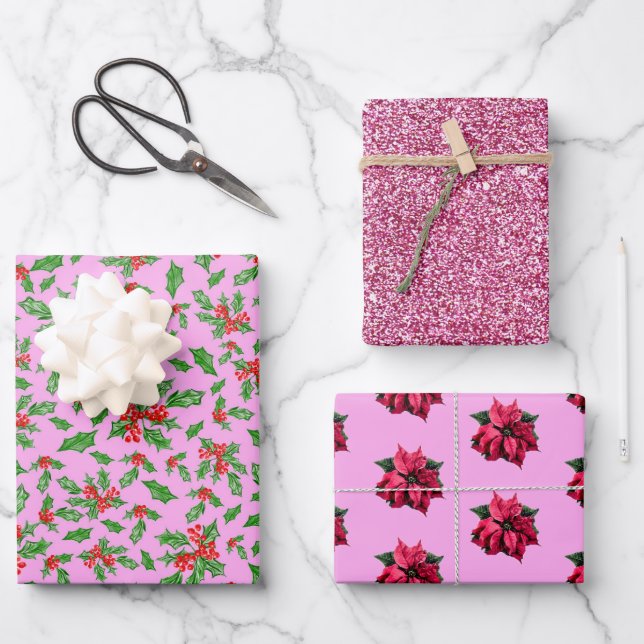 Elegant Pink Christmas Modern Pattern Wrapping Paper Sheets (Front)