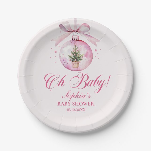 Elegant Pink Christmas Ornament Baby Shower Paper Plates (Front)