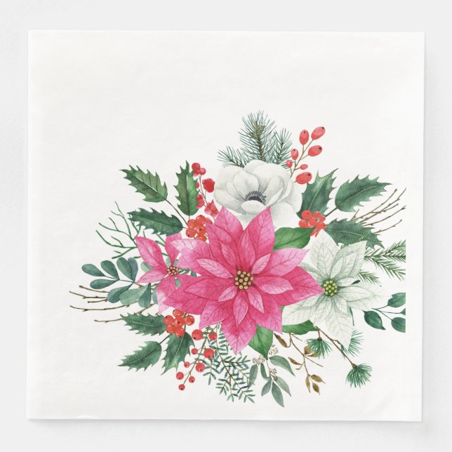 Elegant Pink Christmas Poinsettia  Paper Dinner Napkins (Front)