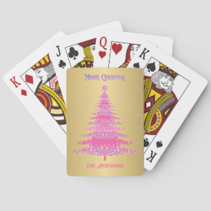 Elegant Pink Christmas Tree Custom Name Gold Foil Poker Cards
