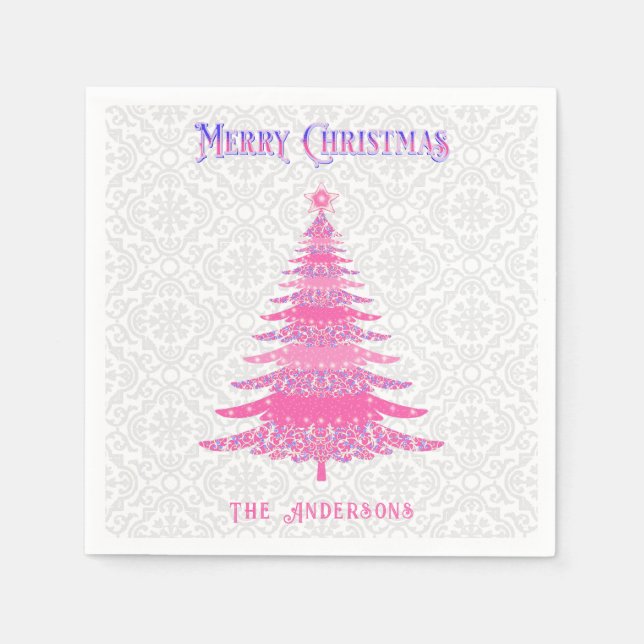 Elegant Pink Christmas Tree Custom Name  Napkins (Front)