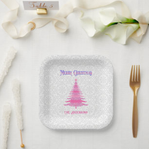 Elegant Pink Christmas Tree Custom Name Paper Plates