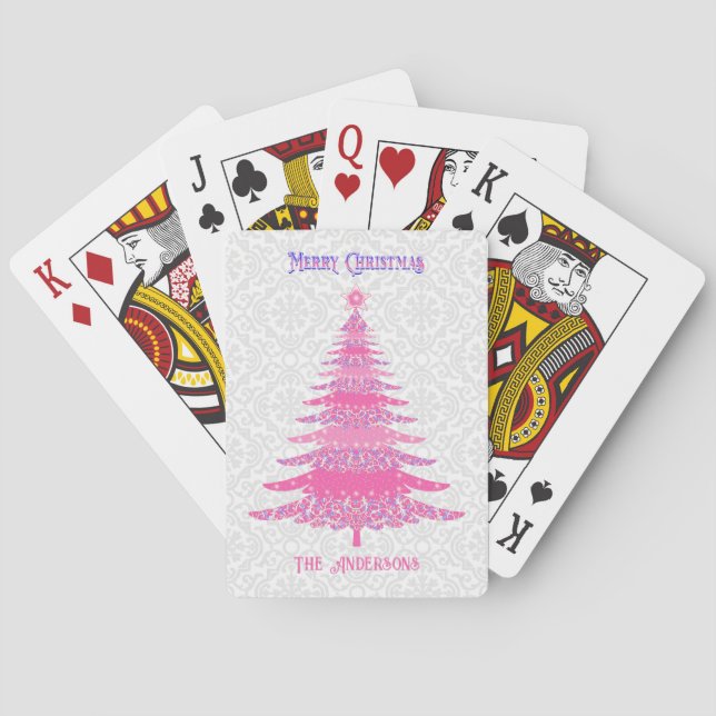 Elegant Pink Christmas Tree Custom Name Poker Cards (Back)