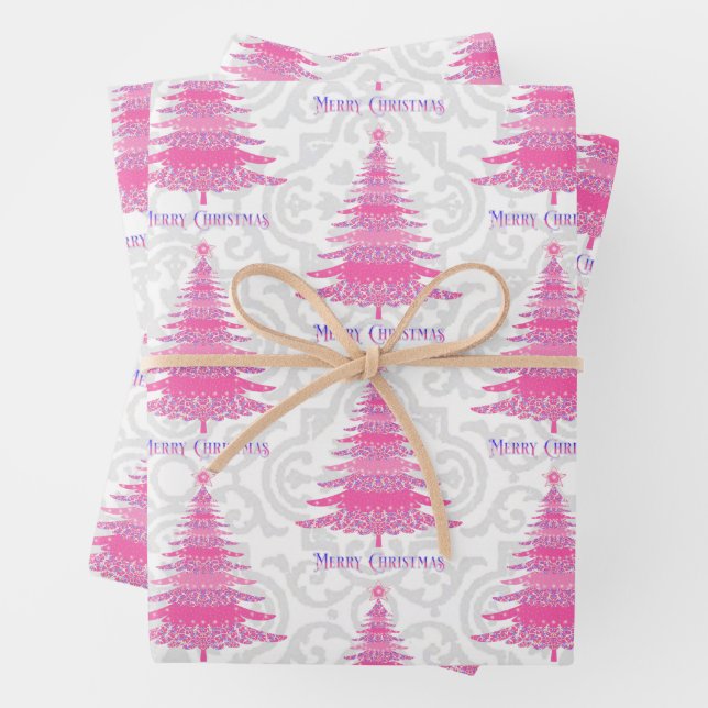 Elegant Pink Christmas Tree Gift Wrapping Paper Sheets (In situ)