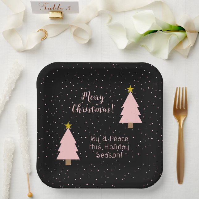 Elegant Pink Christmas Tree Golden Star, Night Sky Paper Plates (Wedding)