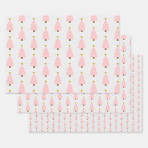 Elegant Pink Christmas Tree & Golden Star Pattern Wrapping Paper Sheets