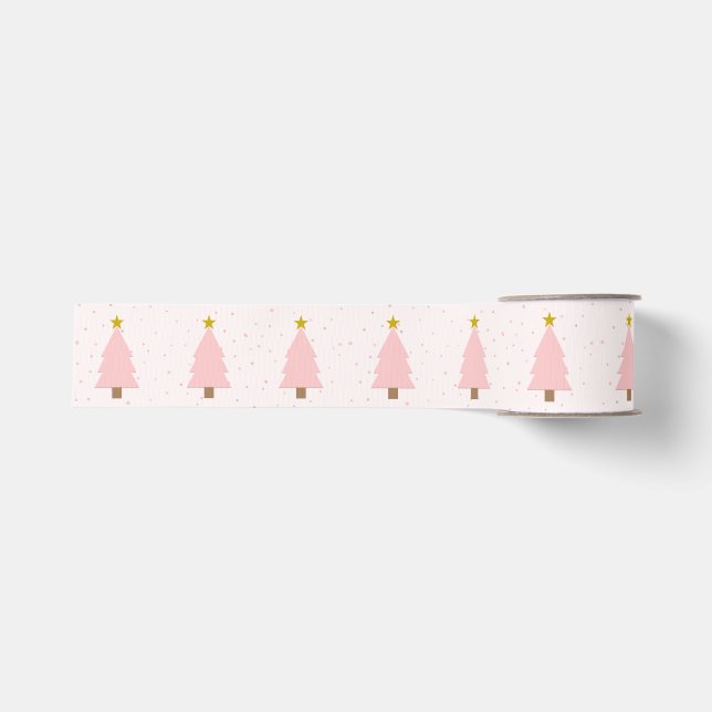 Elegant Pink Christmas Tree Line, Golden Stars Grosgrain Ribbon (Front)