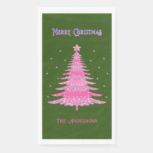 Elegant Pink Christmas Tree Name Custom Green Paper Guest Towels